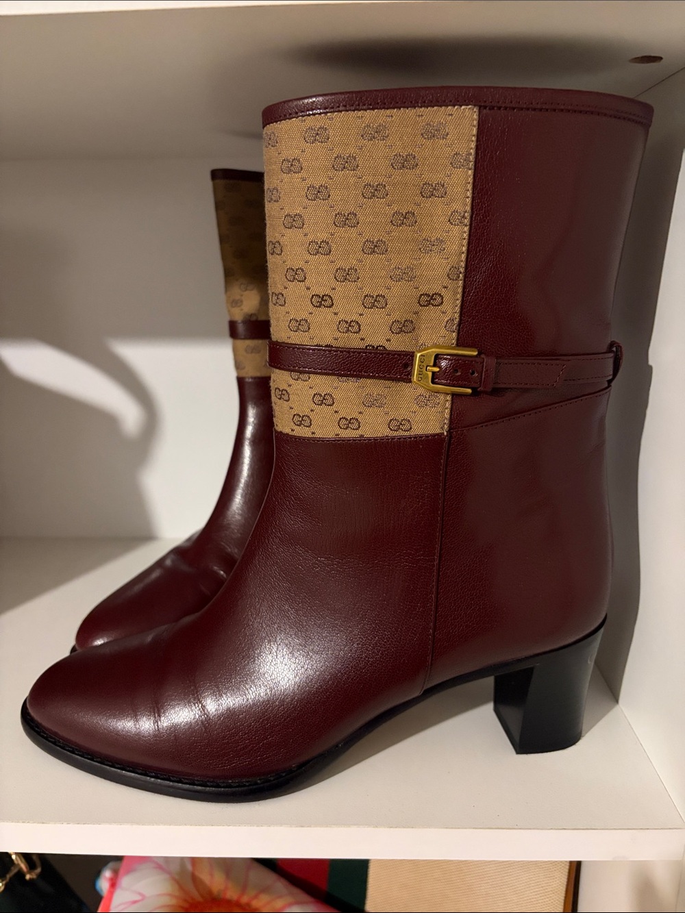 Gucci Burgundy Leather Mid-Calf Boots with Monogram Canvas Panel